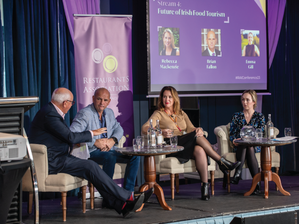 Bobby Kerr, Brian Fallon, Rebecca Mackenzie and Emma Gill during the Future of Irish Food Tourism Panel at the Restaurants Association of Ireland 2023 Annual Conference.